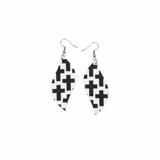 Black Cross Off White Curved Leaf Leather Earrings