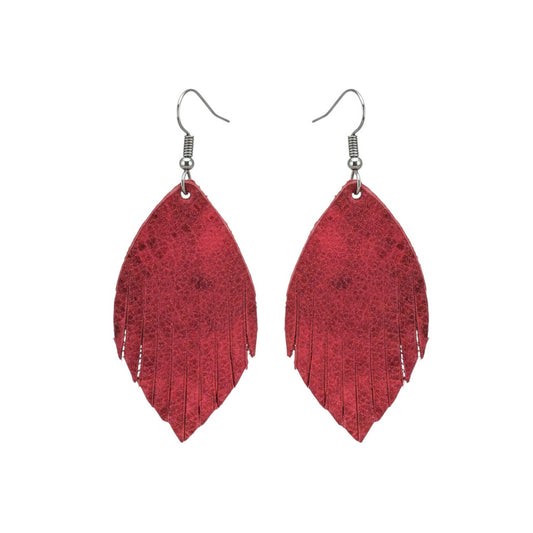 Marbled Red Fringe Leaf Leather Earrings