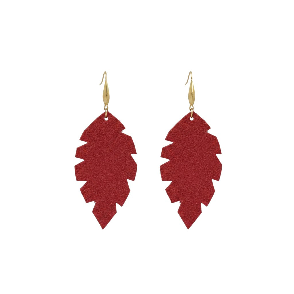 Red Suede Scalloped Leaf Leather Earrings
