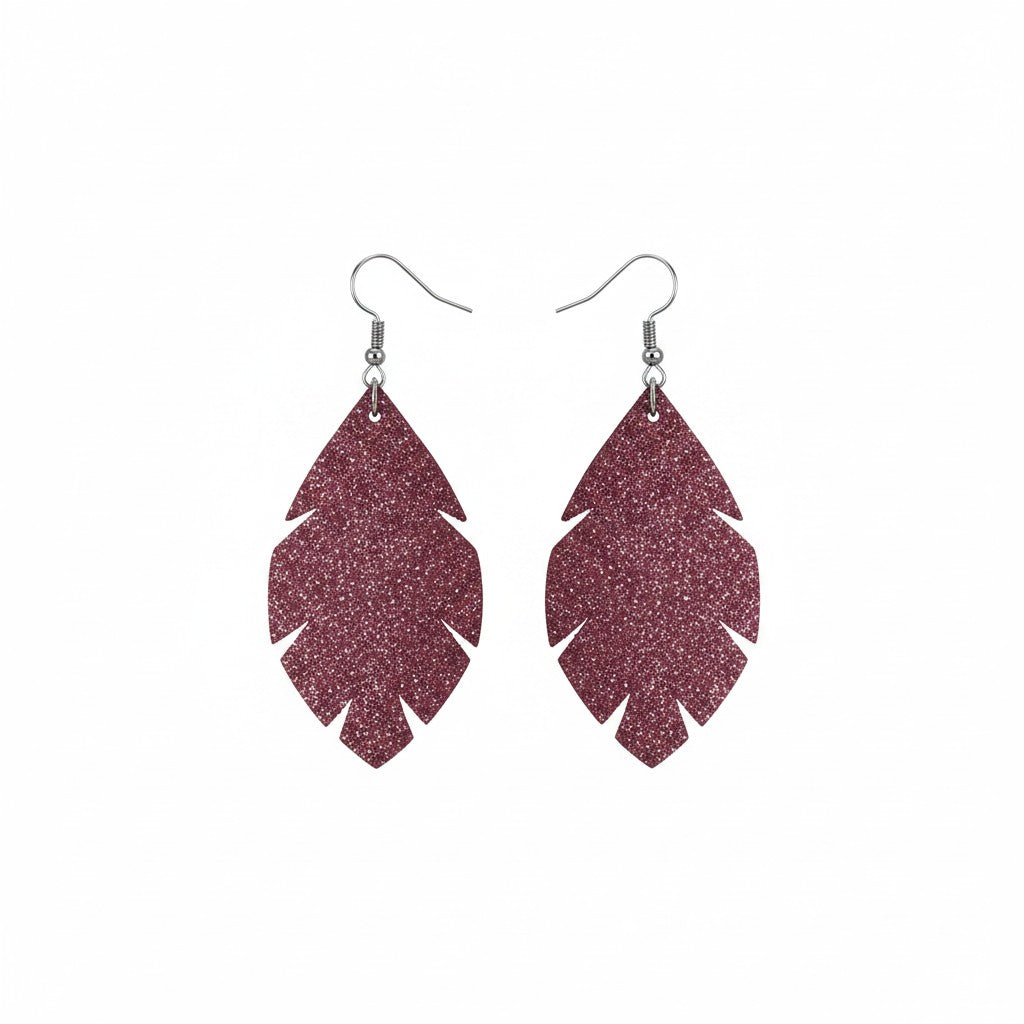 Deep Raspberry Dazzle Scalloped Leaf Leather Earrings