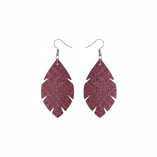 Deep Raspberry Dazzle Scalloped Leaf Leather Earrings