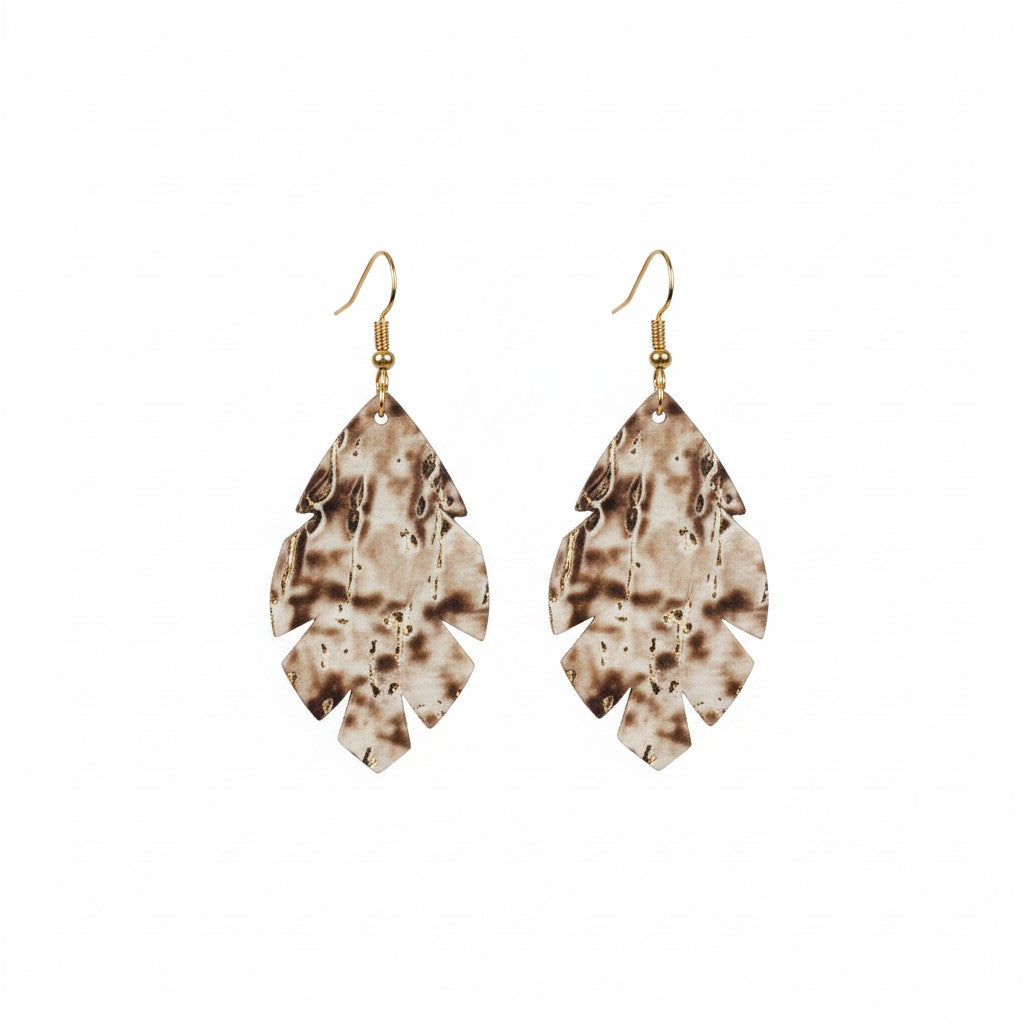 Driftwood Bark Scalloped Leaf Leather Earrings