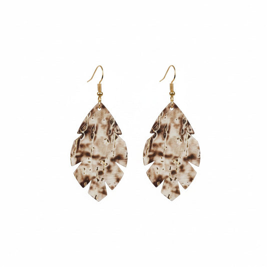 Driftwood Bark Scalloped Leaf Leather Earrings