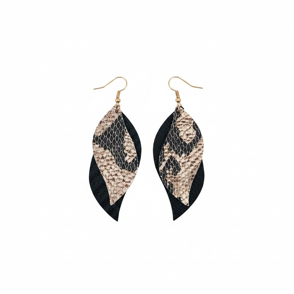 Taupe Copper Snake Layered Leather Earrings