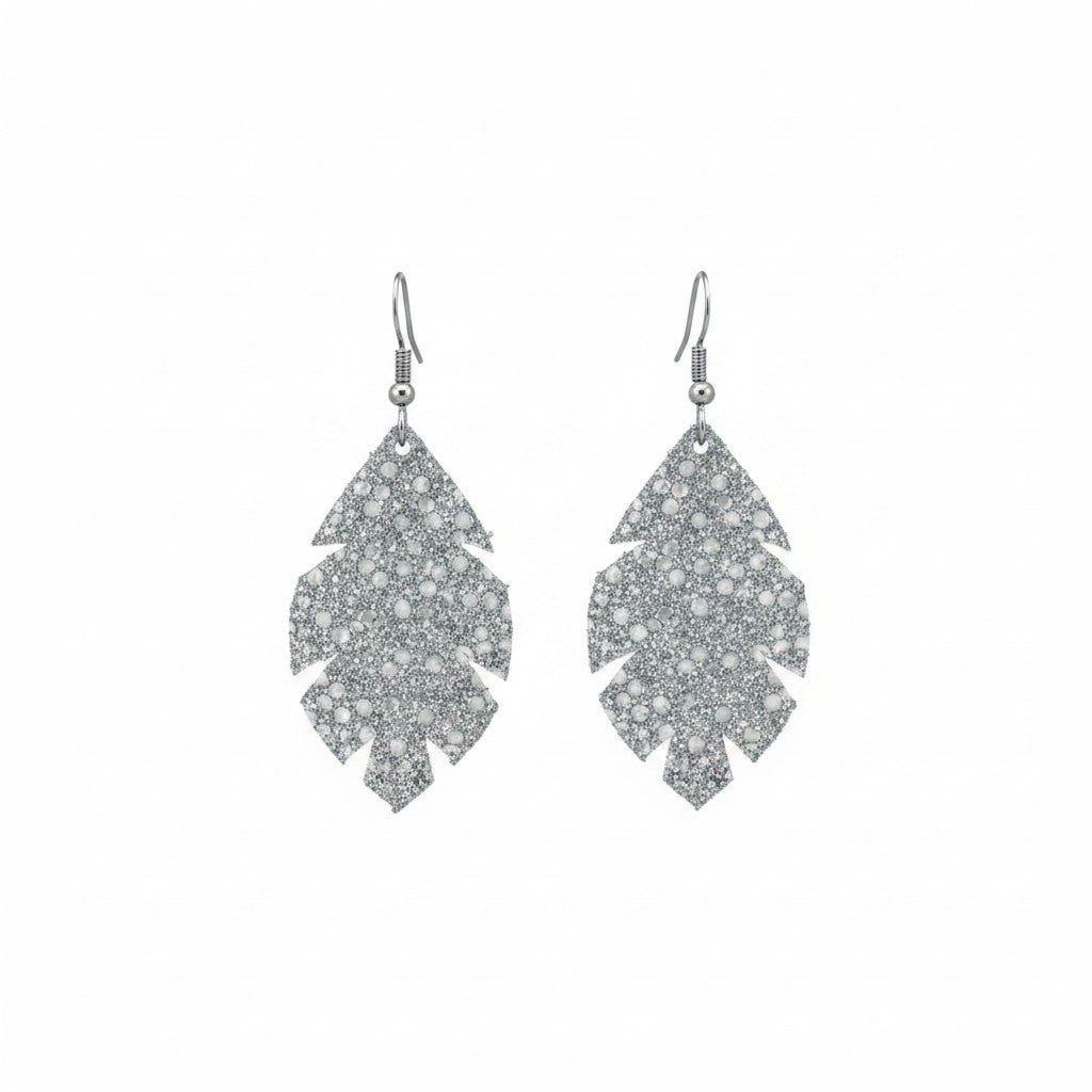 Silver and Gray Stingray Scalloped Leaf Leather Earrings