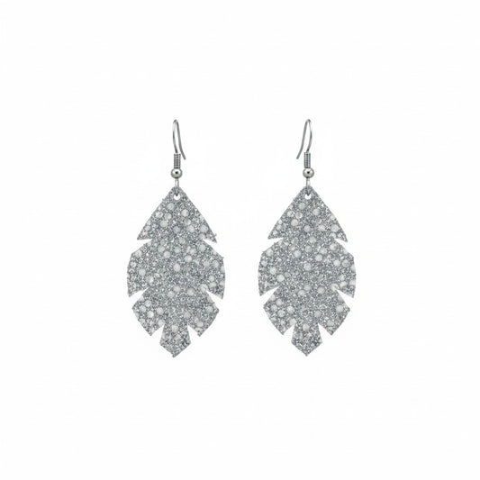 Silver and Gray Stingray Scalloped Leaf Leather Earrings