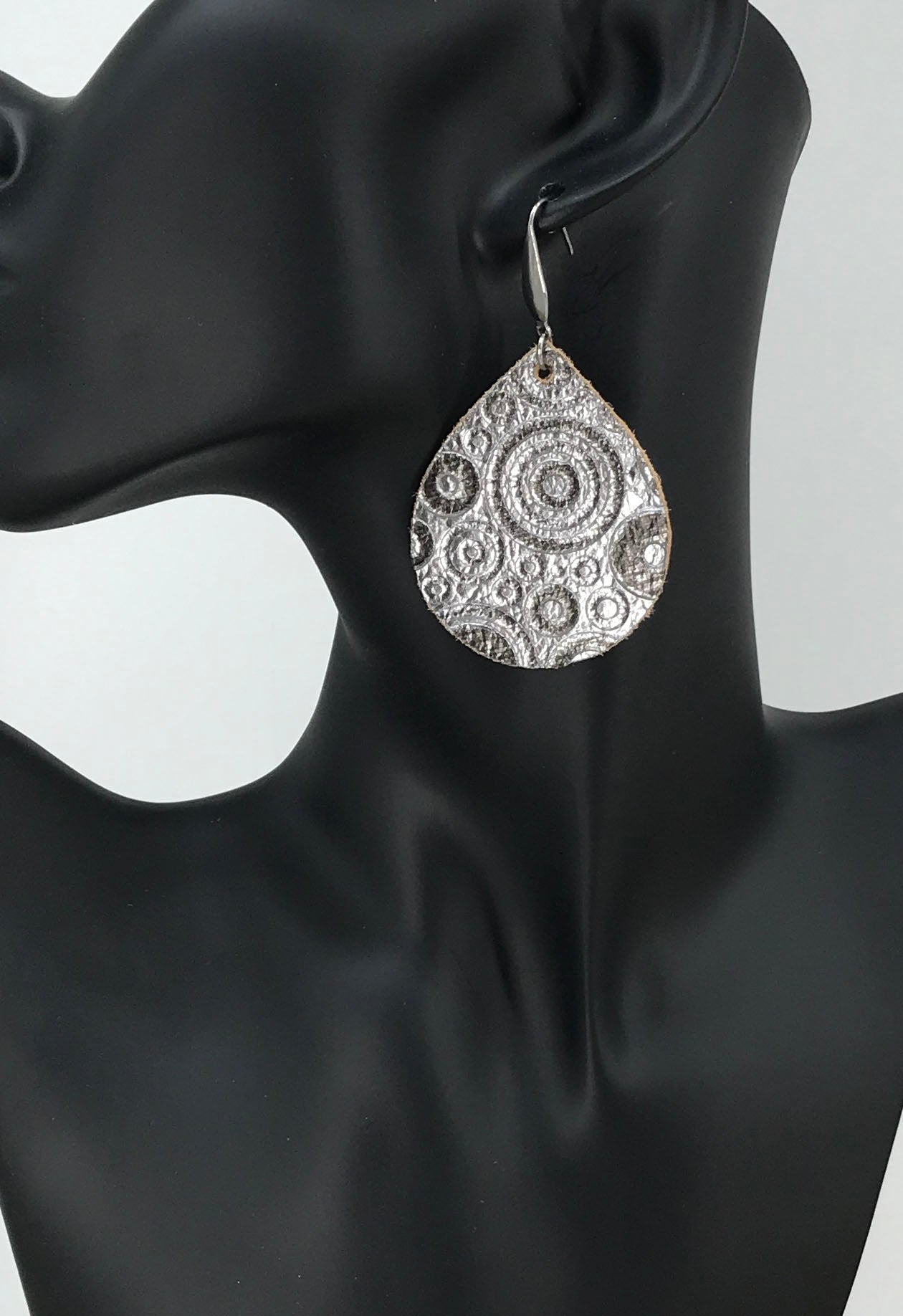 Metallic Grey Embossed Leather Earrings - E19-1297