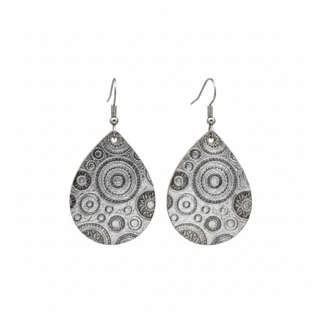 Metallic Gray Raised Circle Teardrop Leather Earrings