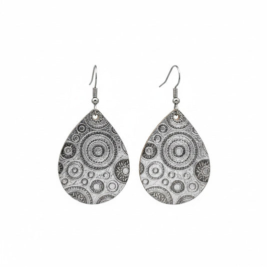 Metallic Gray Raised Circle Teardrop Leather Earrings