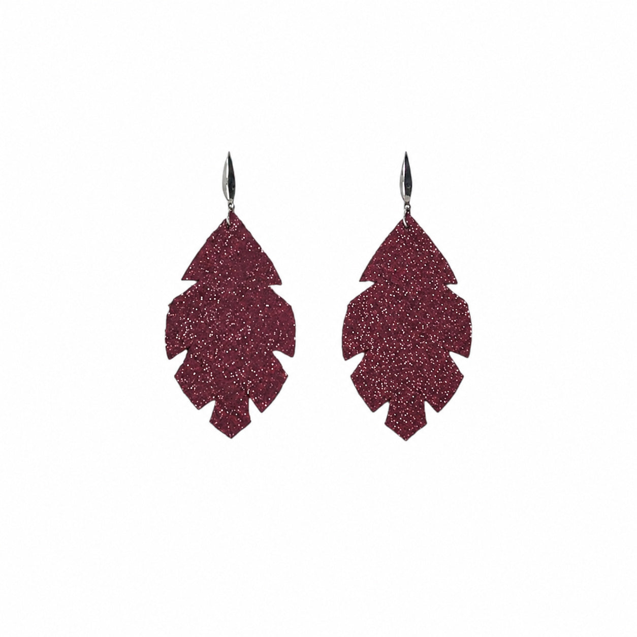 Dark Raspberry Dazzle Maple Leaf Leather Earrings