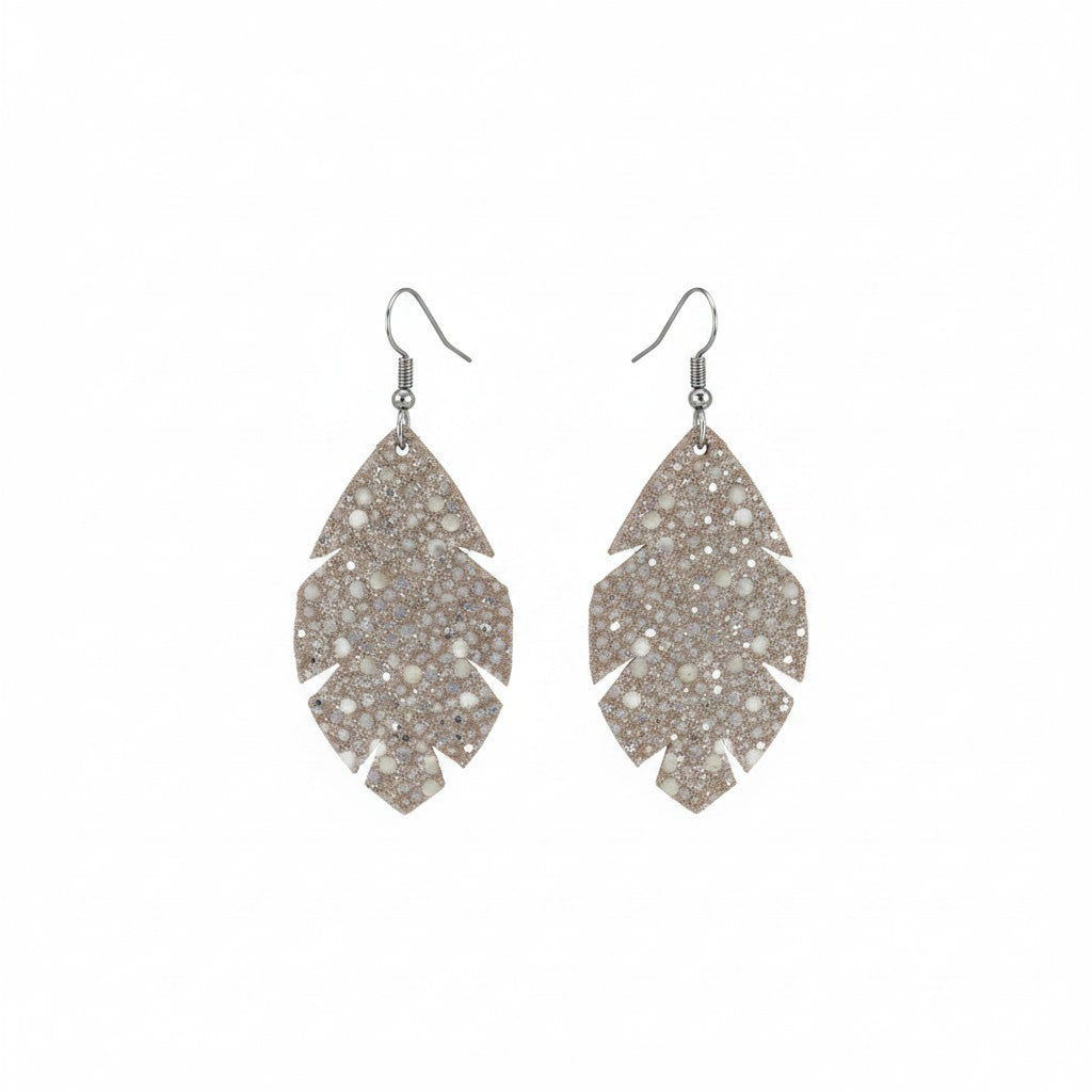 Taupe Stingray Scalloped Leaf Leather Earrings