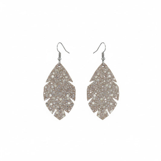 Taupe Stingray Scalloped Leaf Leather Earrings