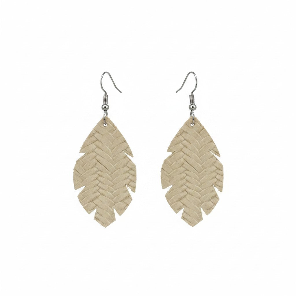 Desert Sand Braided Fishtail Leaf Leather Earrings