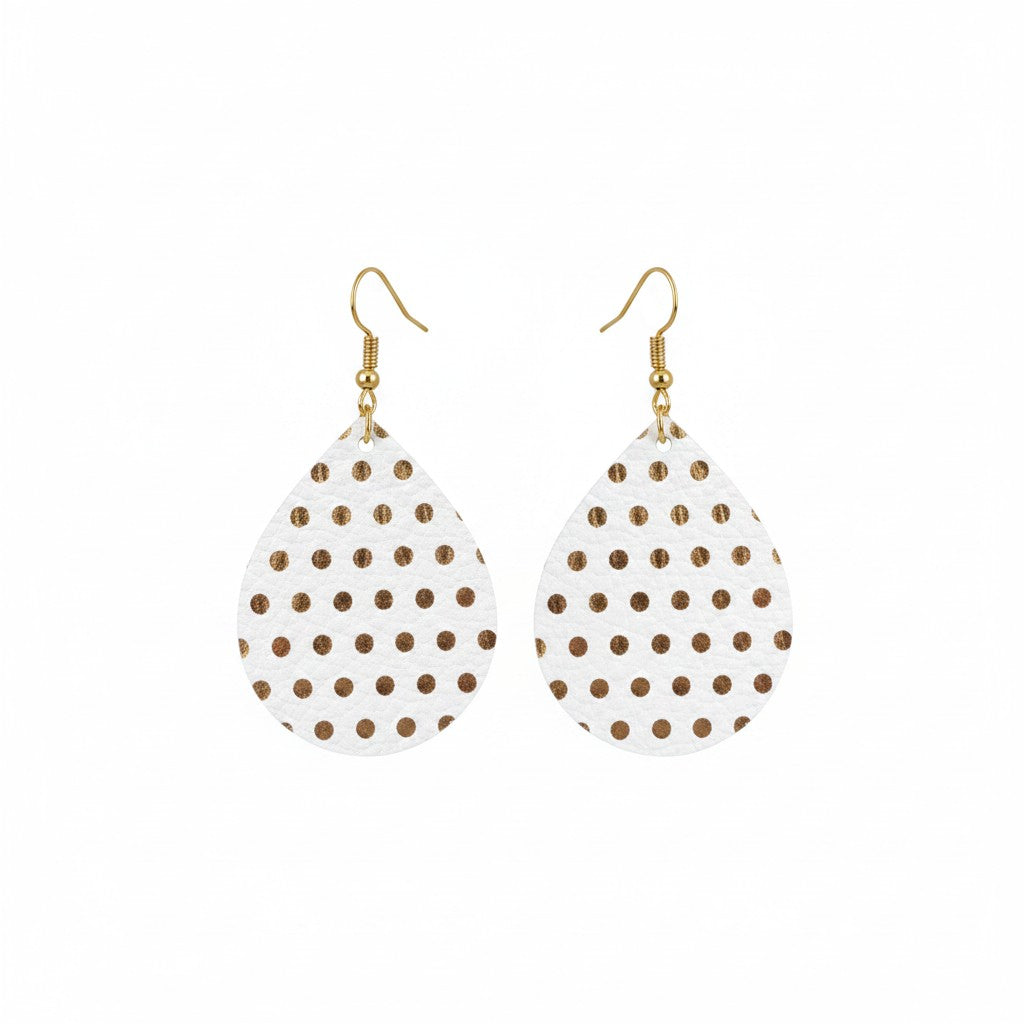 White Metallic Gold Polka Dot Teardrop Leather Earrings