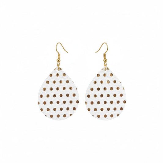 White Metallic Gold Polka Dot Teardrop Leather Earrings