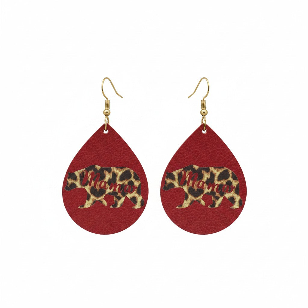 Bright Red Mama Bear Cheetah Teardrop Leather Earrings