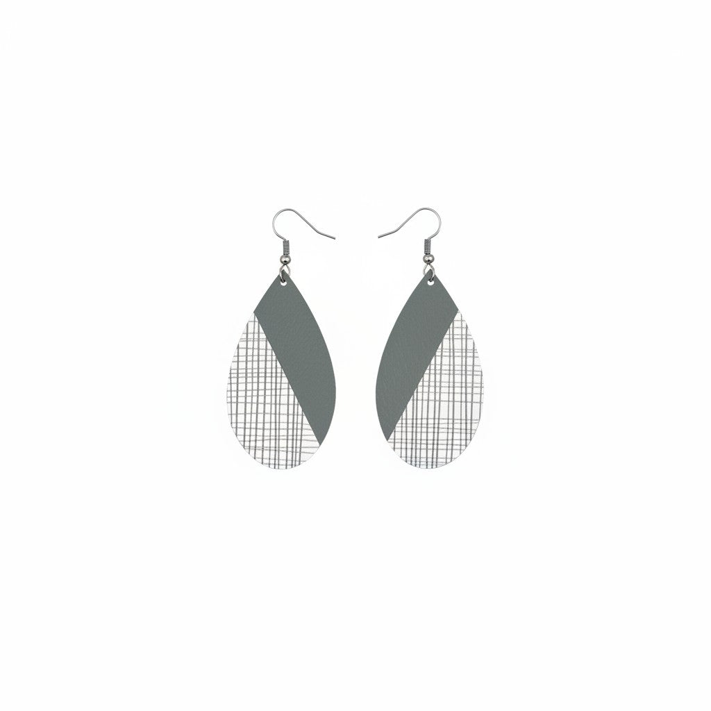 Gray & White Plaid Teardrop Leather Earrings