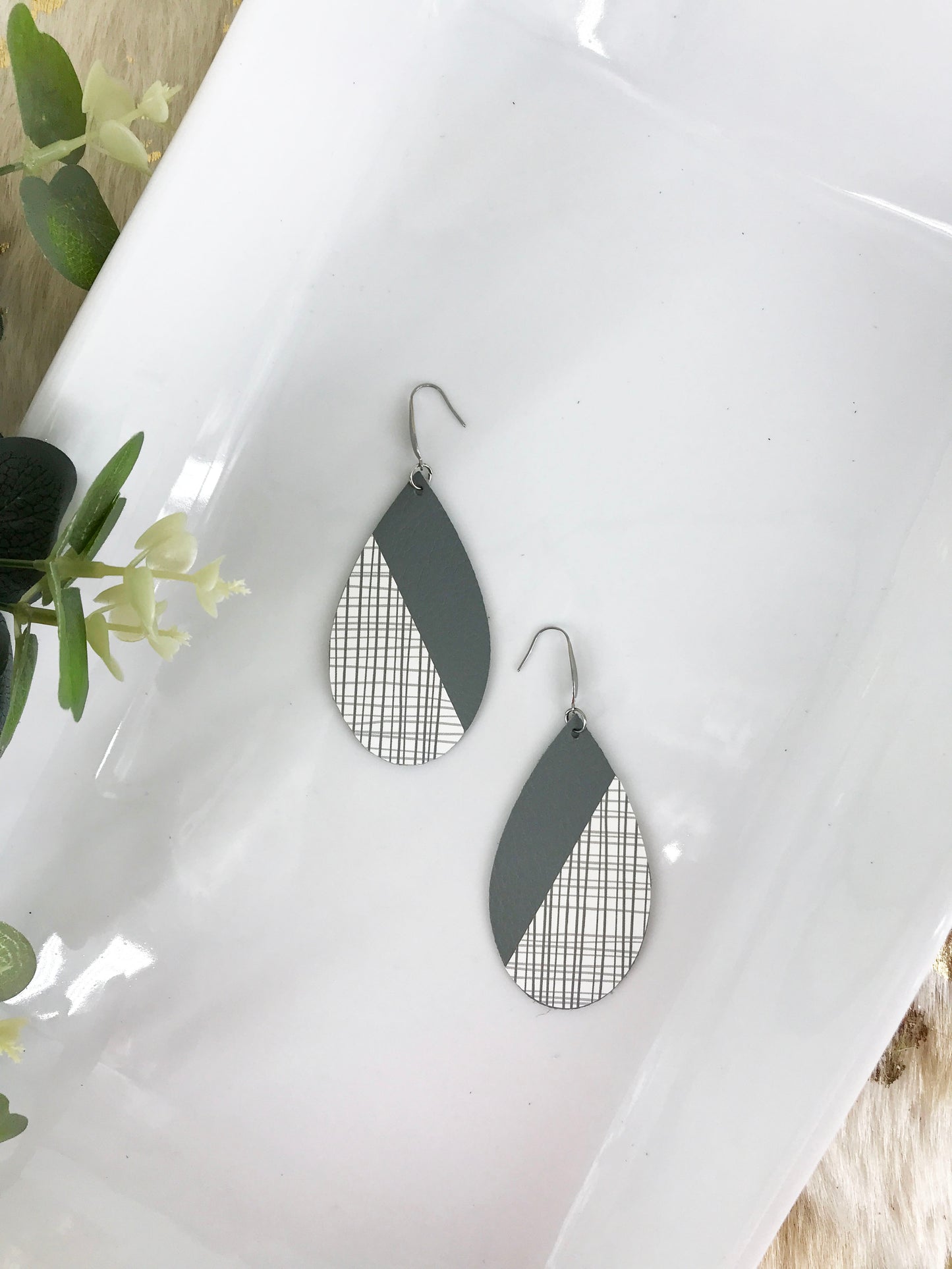 Gray & White Plaid Teardrop Leather Earrings