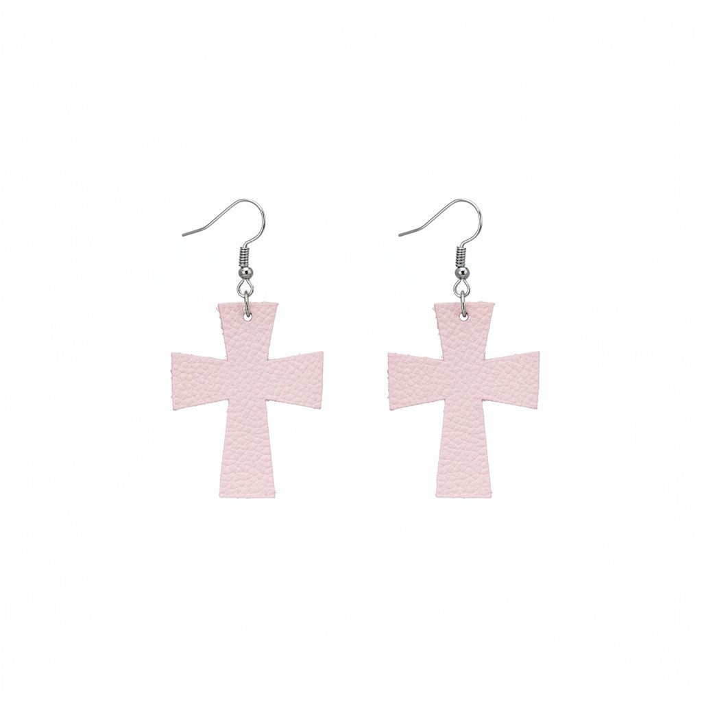 Baby Pink Faith Cross Divine Leather Earrings