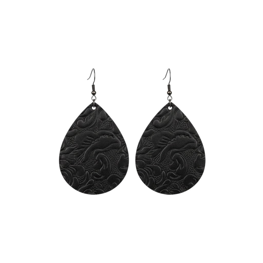 Black Acanthus Embossed Teardrop Leather Earrings
