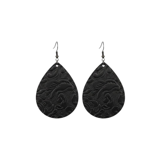 Black Acanthus Embossed Teardrop Leather Earrings
