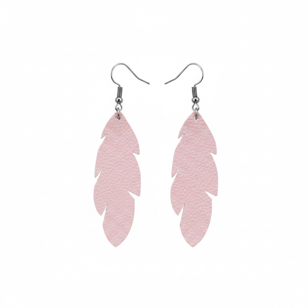 Baby Pink Long Leaf Divine Leather Earrings