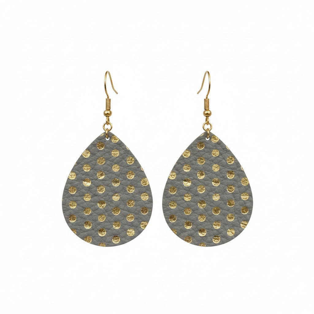 Metallic Gray and Gold Polka Dot Teardrop Leather Earrings