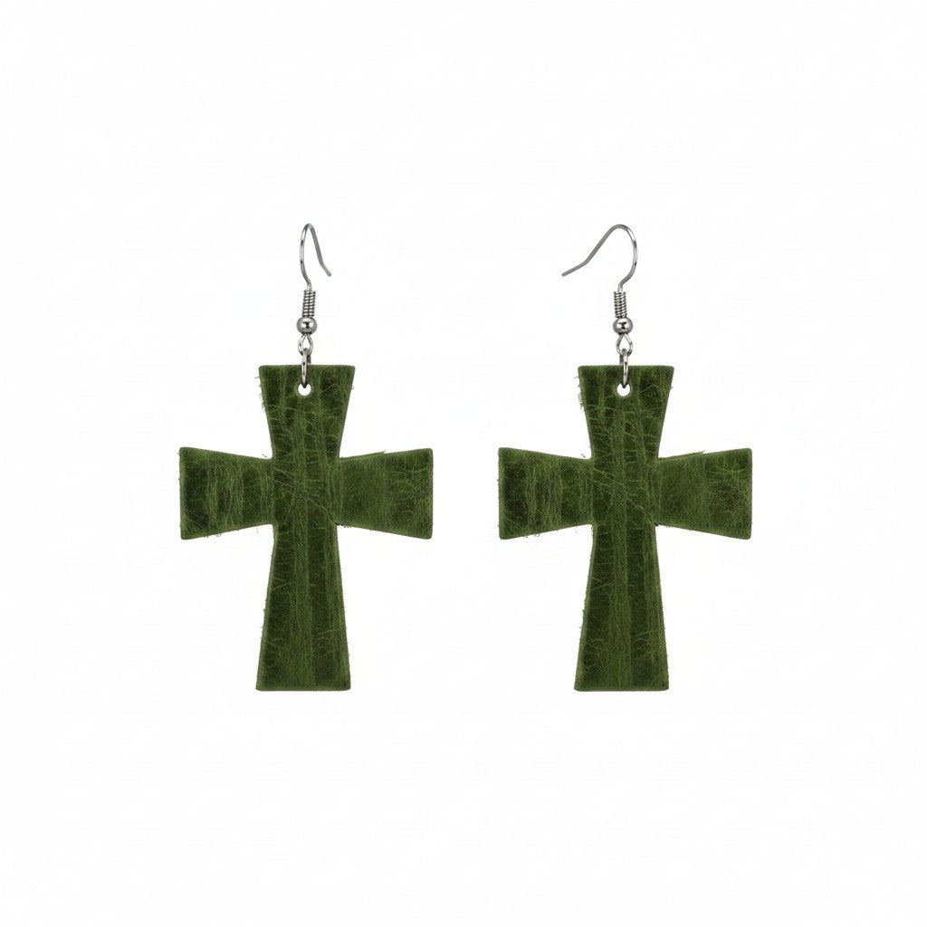 Green Distressed Faith Cross Leather Earrings