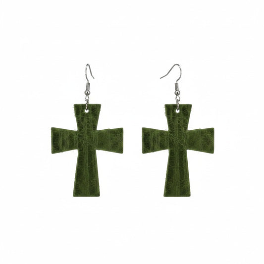 Green Distressed Faith Cross Leather Earrings