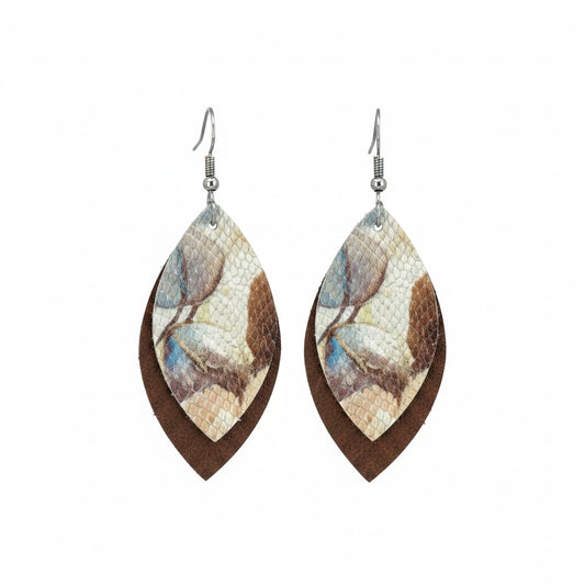 Brown Floral Snake Leather Earrings