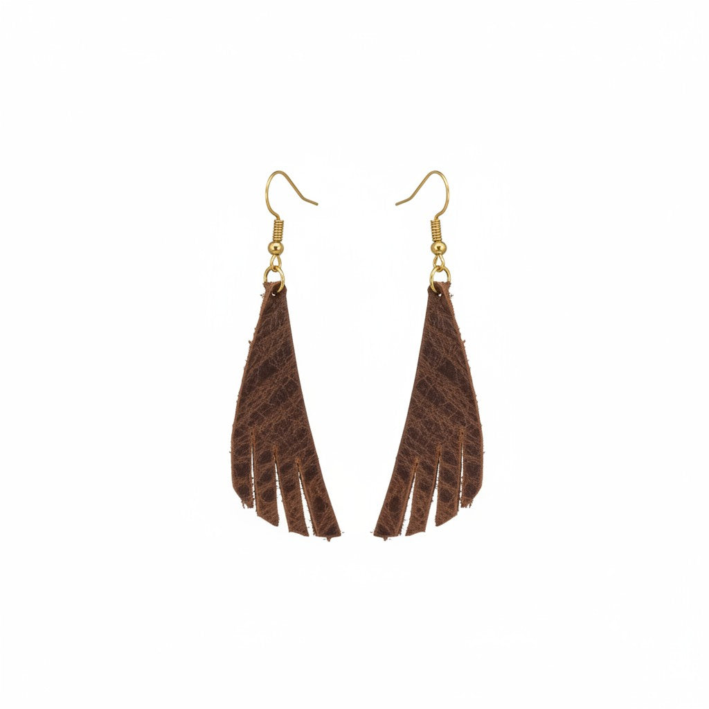 Whisky Brown Fringe-Cut Leather Earrings