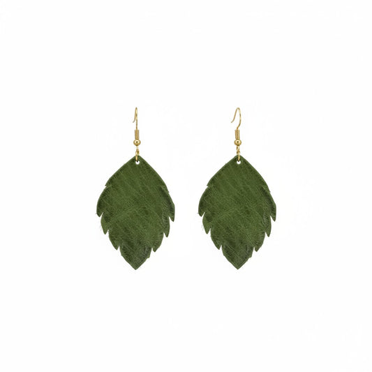 Green Scalloped Leaf Genuine Leather Earrings