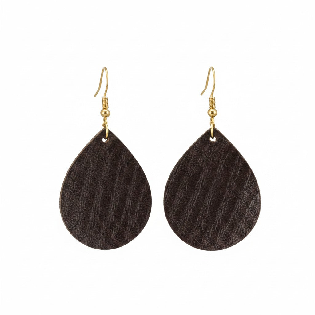 Brown Teardrop Genuine Leather Earrings