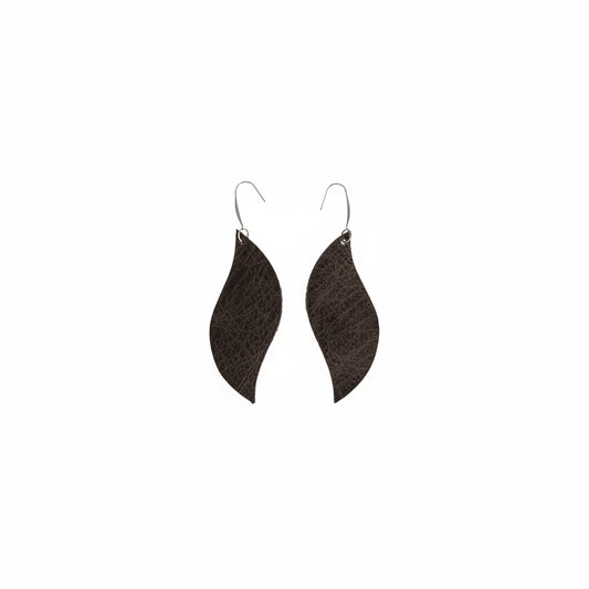 Brown Metallic Curved Leaf Leather Earrings