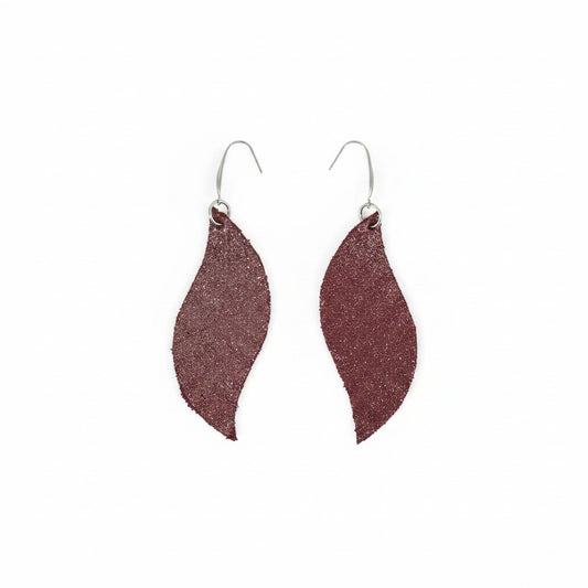 Dark Raspberry Dazzle Curved Leaf Leather Earrings
