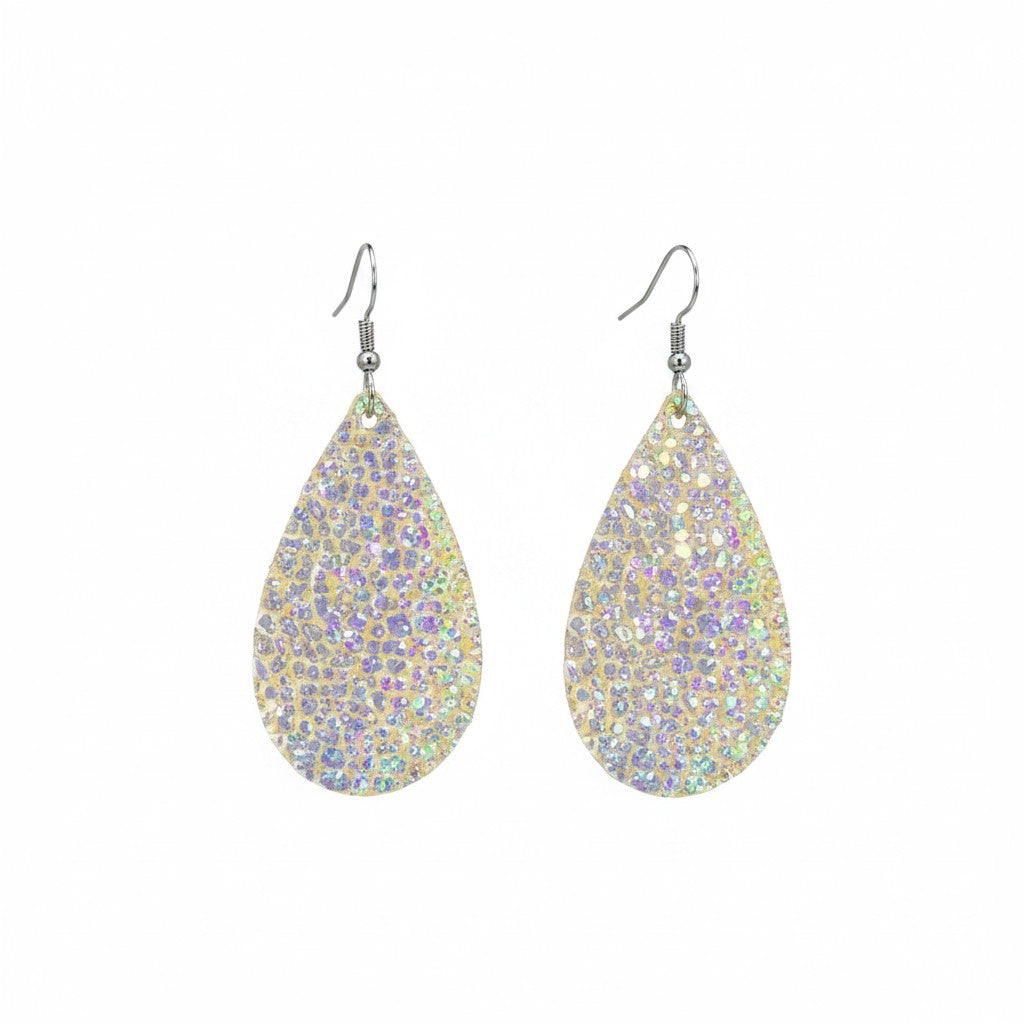 Silver Halo Iridescent Teardrop Leather Earrings