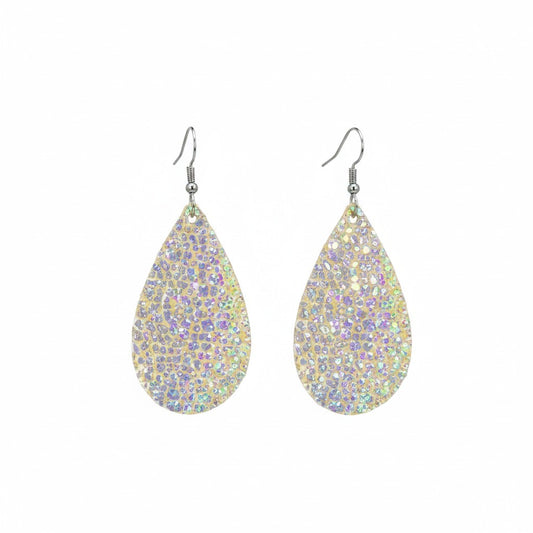 Silver Halo Iridescent Teardrop Leather Earrings