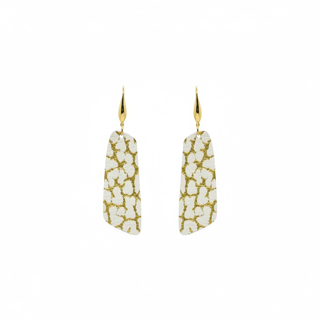 Mini Gold Dinosaur Print Ivory Angled Bar Leather Earrings