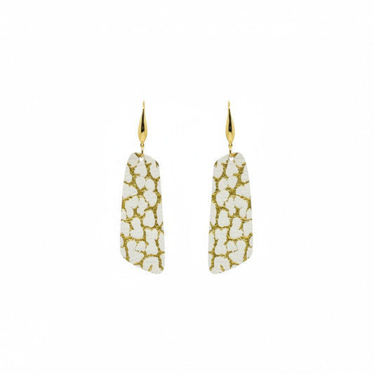 Mini Gold Dinosaur Print Ivory Angled Bar Leather Earrings
