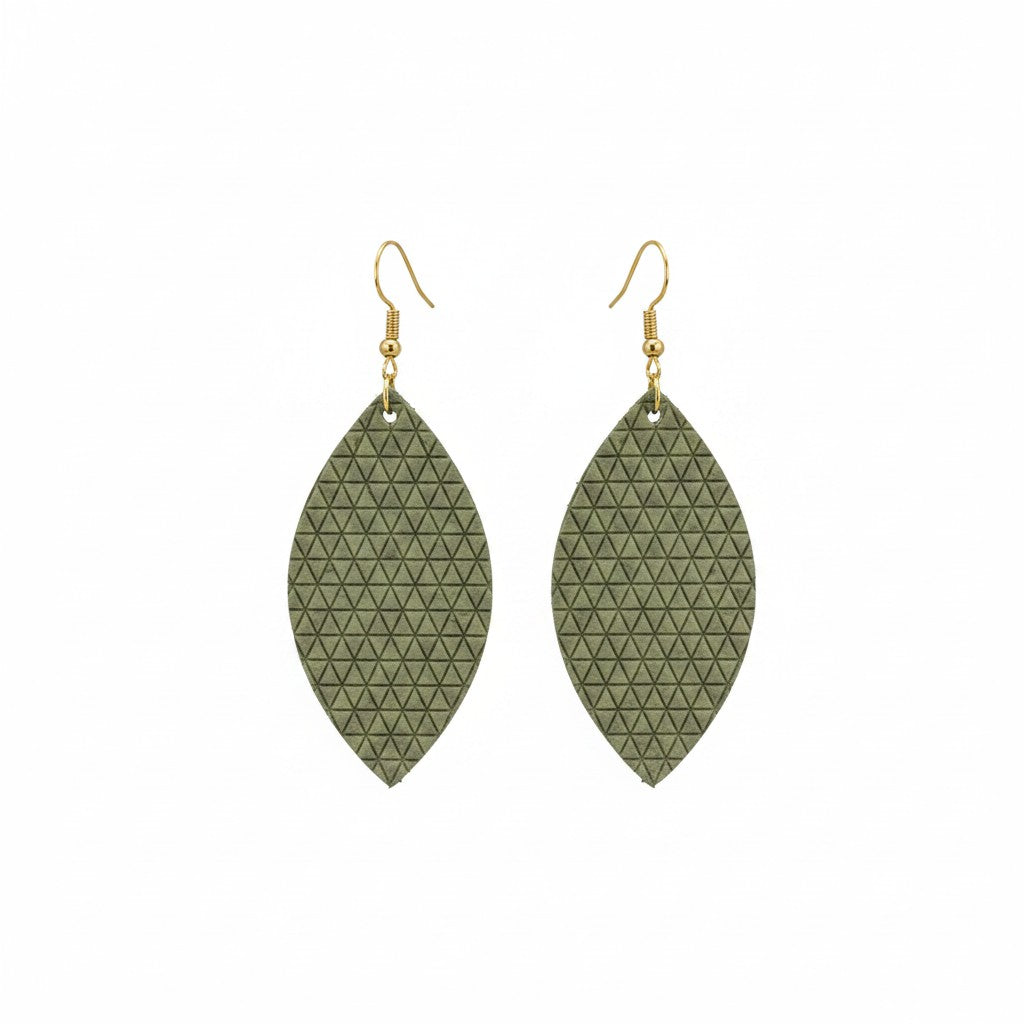 Olive Khaki Geometric Leaf Italian Leather Earrings