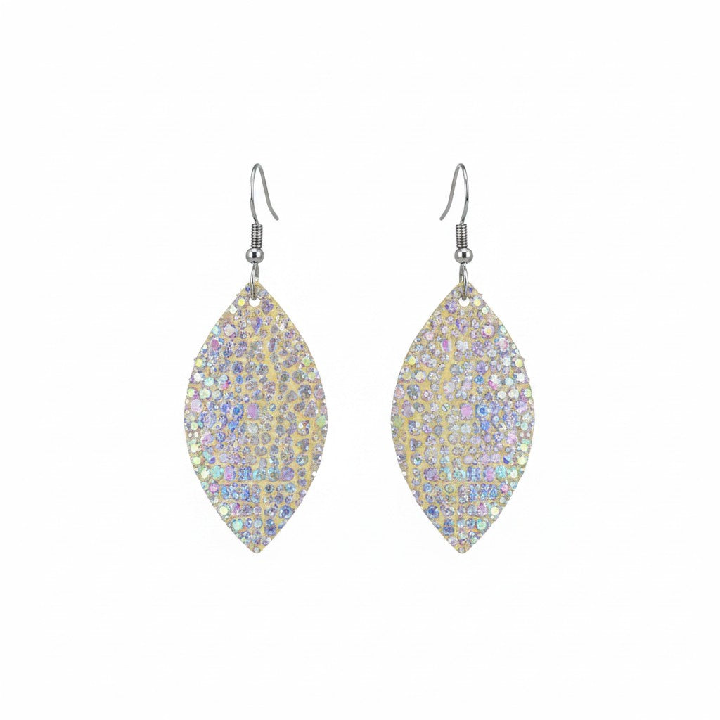 Silver Halo Iridescent Marquise Leather Earrings