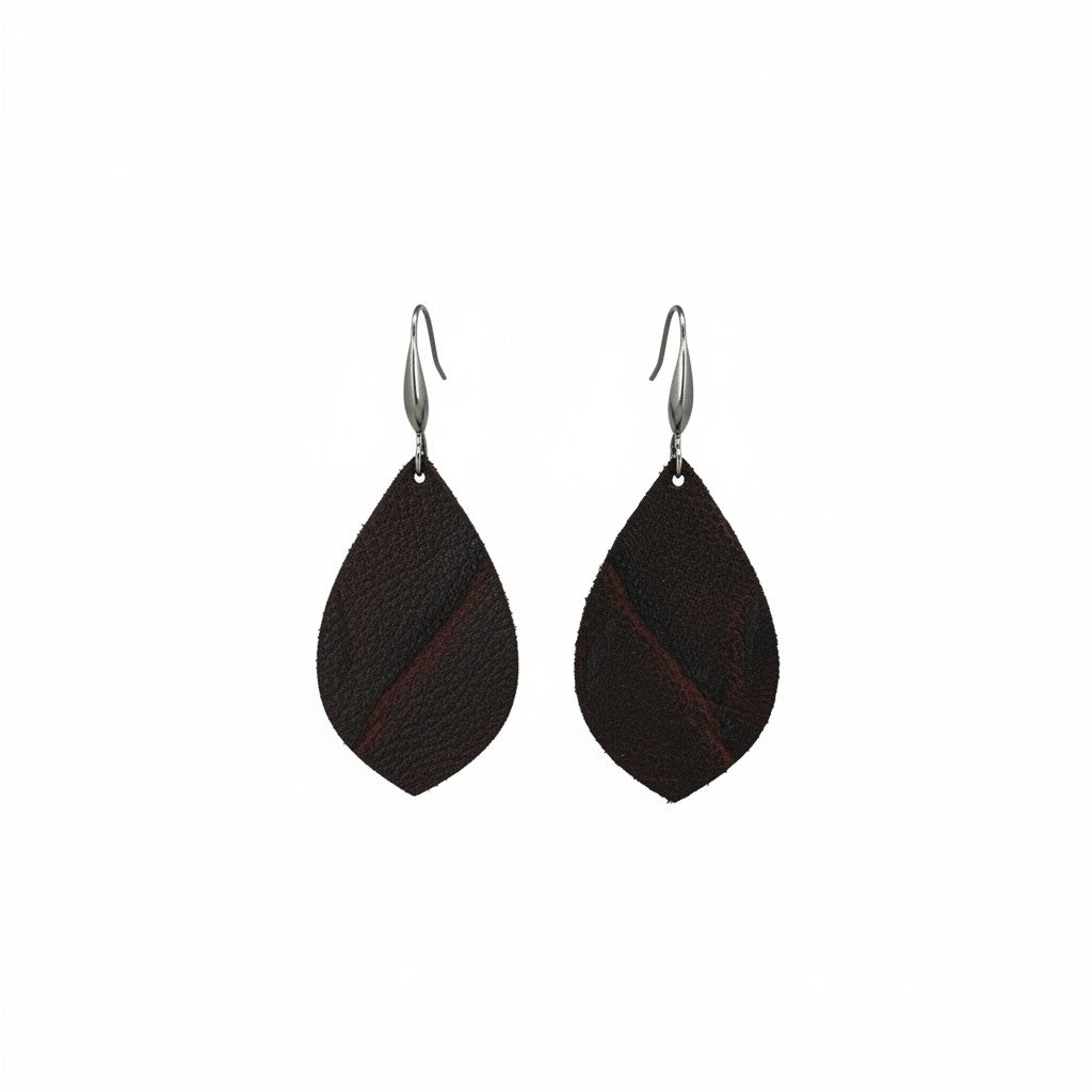 Maroon Black Cherry Leaf Elephant Leather Earrings