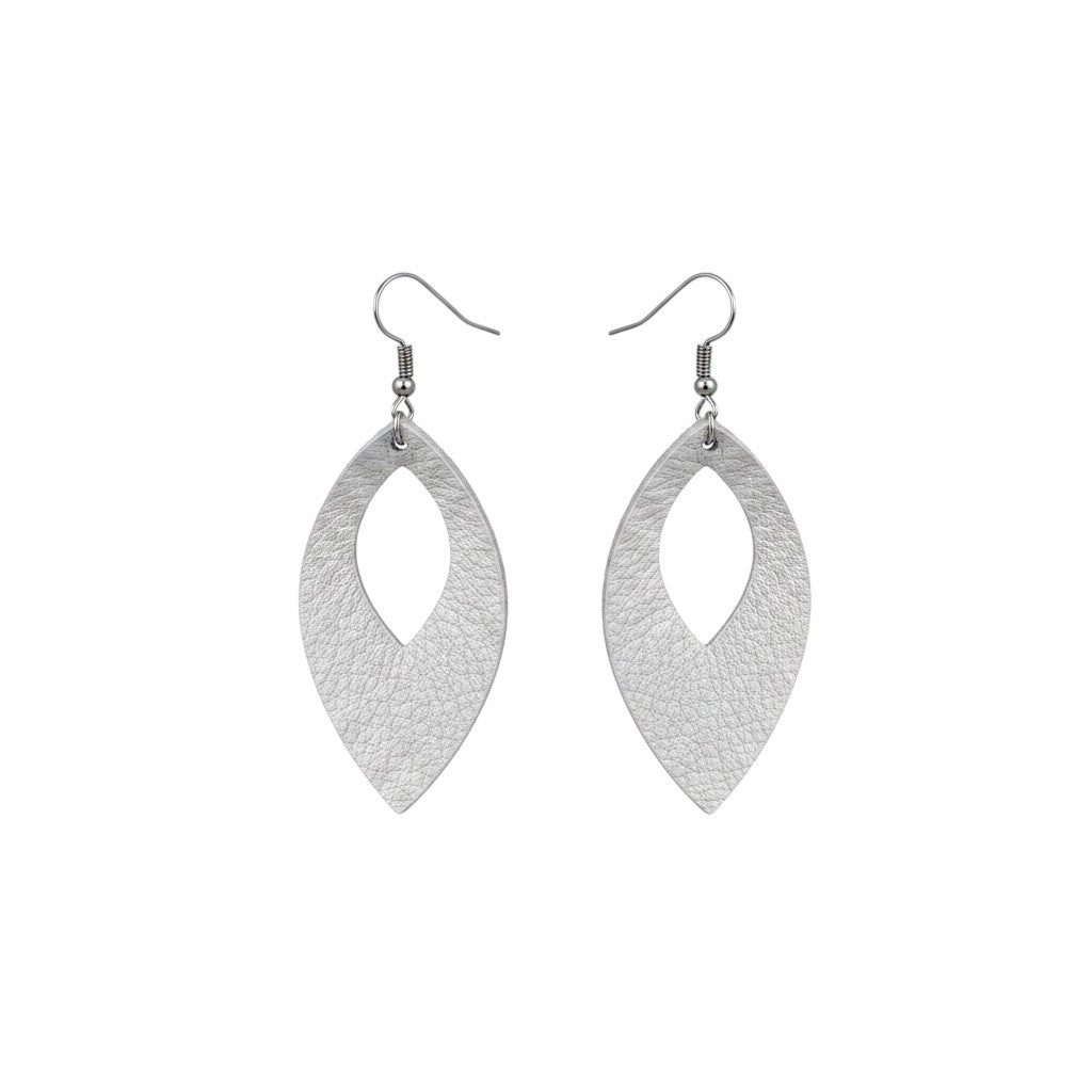 Metallic Silver Open Leaf Genuine Leather Earrings