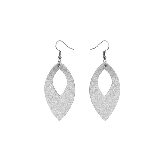 Metallic Silver Open Leaf Genuine Leather Earrings