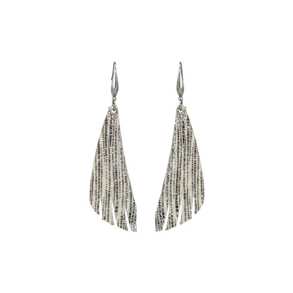 Rainy Day Silver Stripe Fringe Leather Earrings