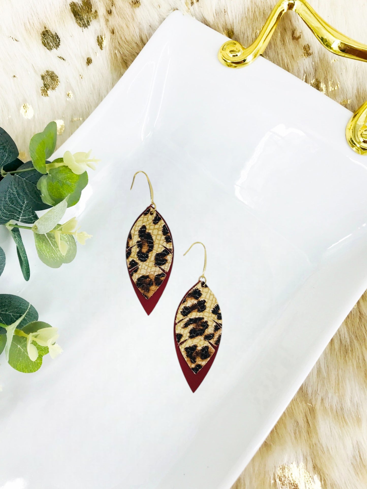 Cranberry Leather and Banana Leopard Leather Earrings - E19-1347