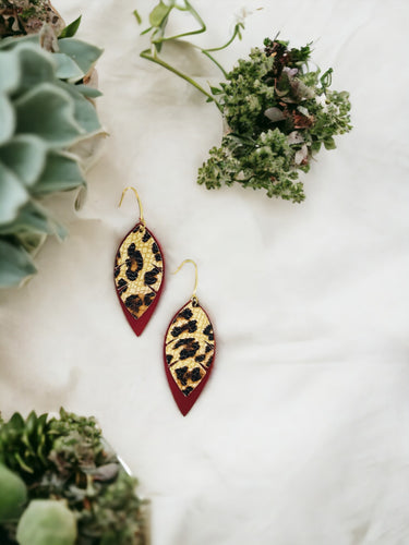 Cranberry Leather and Banana Leopard Leather Earrings - E19-1347