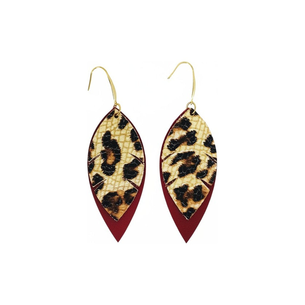 Cranberry Leopard Layered Leaf Earrings