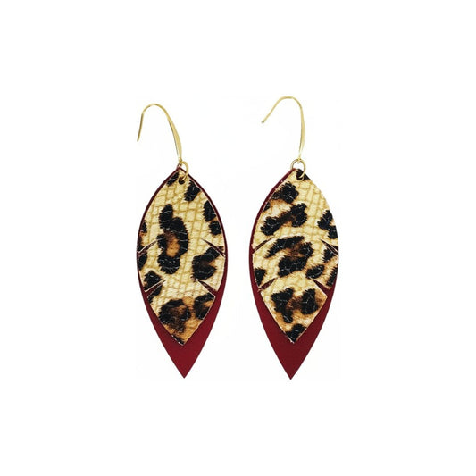 Cranberry Leopard Layered Leaf Earrings