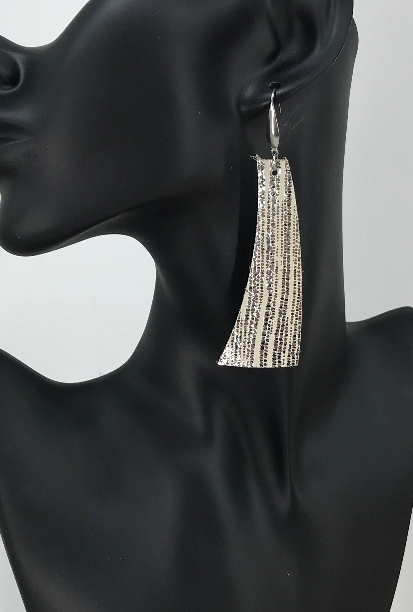 Striped Silver on Beige Metallic Leather Earrings - E19-1352